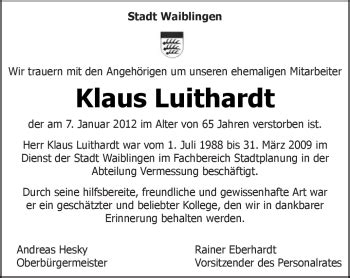 Traueranzeigen Von Klaus Luithardt Zvw Trauer