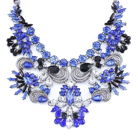 Sapphire Blue Crystal Floral Ornate Statement Necklace