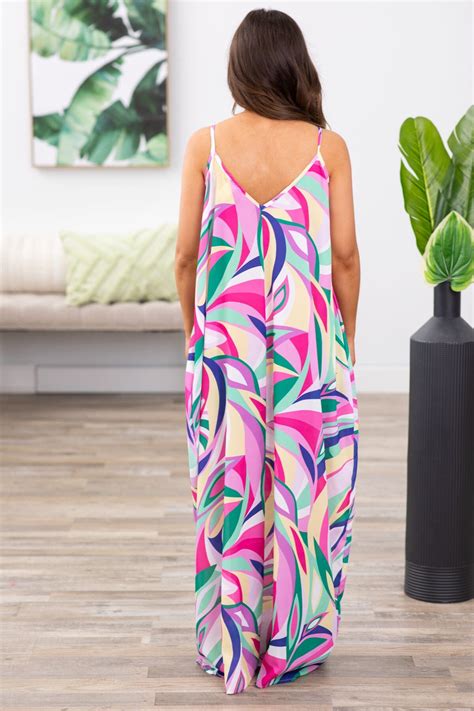 Hot Pink And Green Abstract Print Maxi Dress · Filly Flair