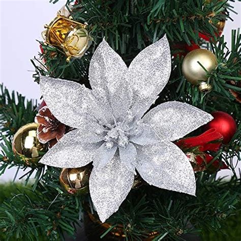 Hcssz Pcs Christmas Glitter Artificial Poinsettia Flowers With Pcs