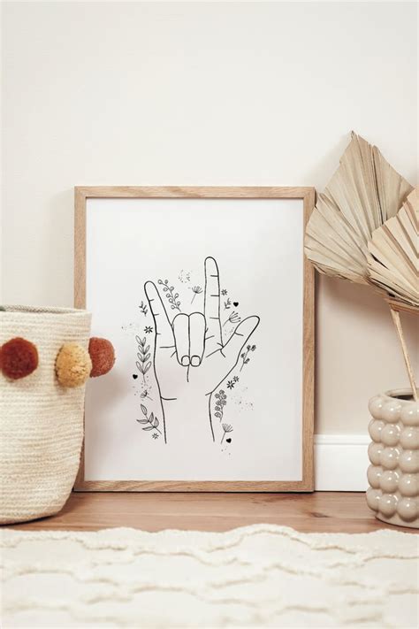 I Love You hand sign, line art, Asl Love print, Hand and flowers line ...