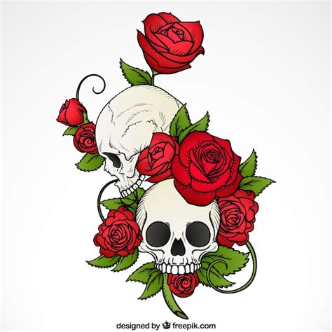 Fondo De Calaveras Con Rosas Y Hojas Dibujadas A Mano Vector Premium