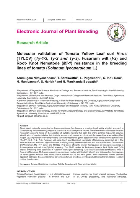 Pdf Electronic Journal Of Plant Breeding Molecular Validation Of