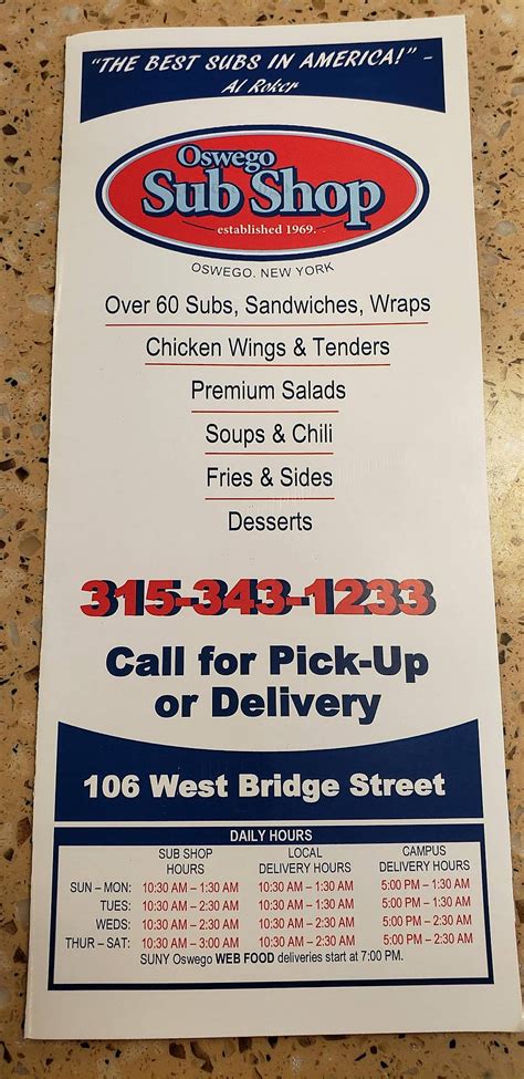 Menu at Oswego Sub Shop restaurant, Oswego