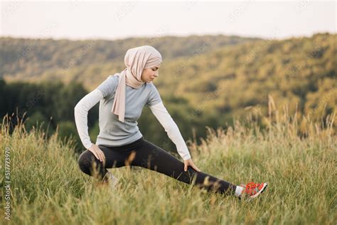 Muslim, arab, islamic pretty slim woman in sporty outfit and hijab ...