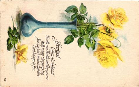 Vintage Postcard Yellow Roses In A Vase Heartiest Congratulations Ebay