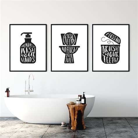 Bathroom Wall Decor Printable Sign Print Set Of 3 Flush Etsy Uk