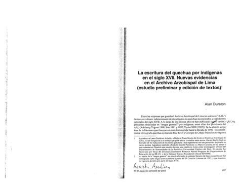 Pdf “la Escritura Del Quechua Por Indígenas En El Siglo Xvii Nuevas Evidencias En El Archivo