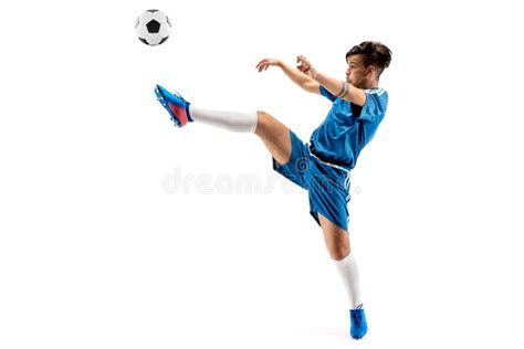 Young Boy with Soccer Ball Doing Flying Kick Stock Image - Image of ...