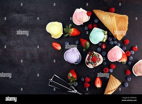 Various of ice cream flavor with fresh blueberry, strawberry, kiwi ...