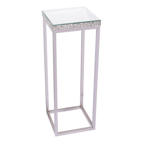 Tall Crush Diamond Mirrored Pedestal Stand Accent Table – Side Table