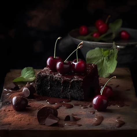 Un Trozo De Pastel De Chocolate Con Cerezas Encima Foto Premium