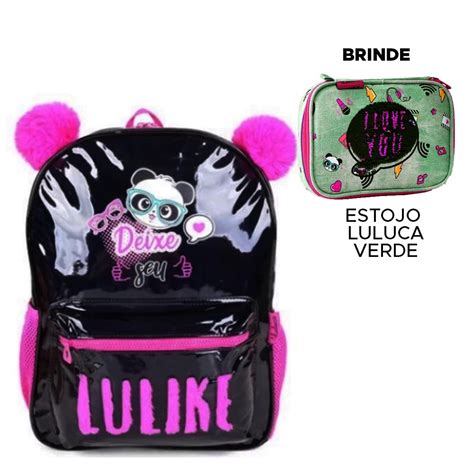 Mochila Luluca Lulike Pelúcias Holográfica Pompom Estojo Box 36