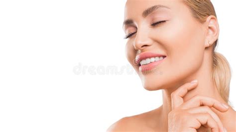 Smiling Woman Touching Skin On The Face Isolated On White Stock Image