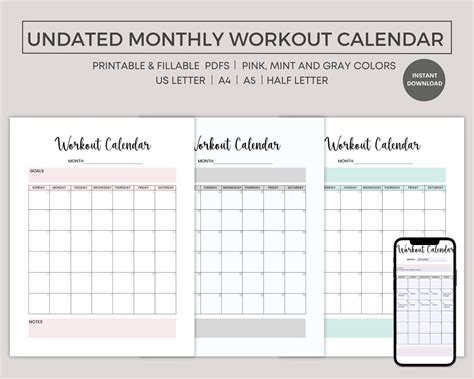 Workout Calendar Undated Printable, Fitness Calendar, Fillable PDF