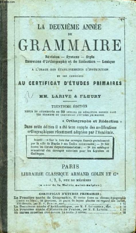 La Deuxieme Annee De Grammaire De Larive Fleury Bon Couverture Rigide