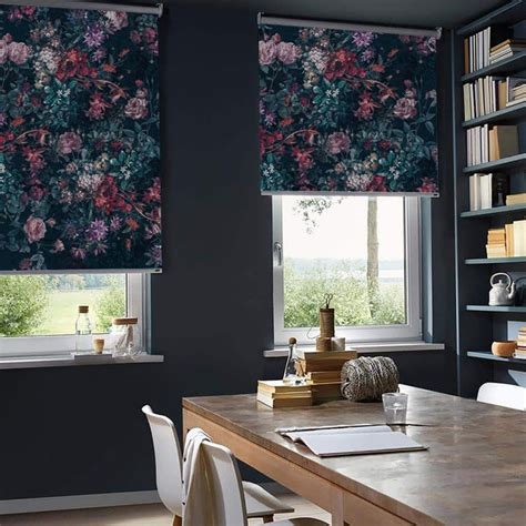 Dark Floral Shades For Windows Roller Blind Printed French Door Curtain Light Filtering