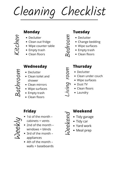 Minimalist Cleaning Checklist Printable Weekly Cleaning Schedule