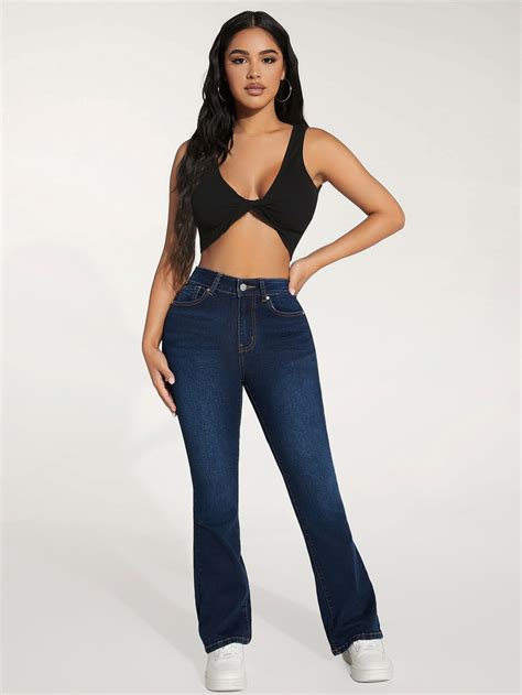 Shein Petite High Waist Bleach Wash Flare Leg Jeans Shein Uk