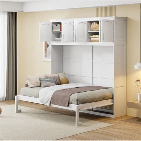 Simplie Fun Full Size Murphy Bed Wall Bed With Top Cabinets Gray