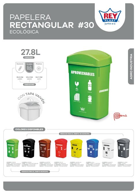 PAPELERA RECTANGULAR 30 C TAPA C LOGO ECOLOGICO Plasticos Rey