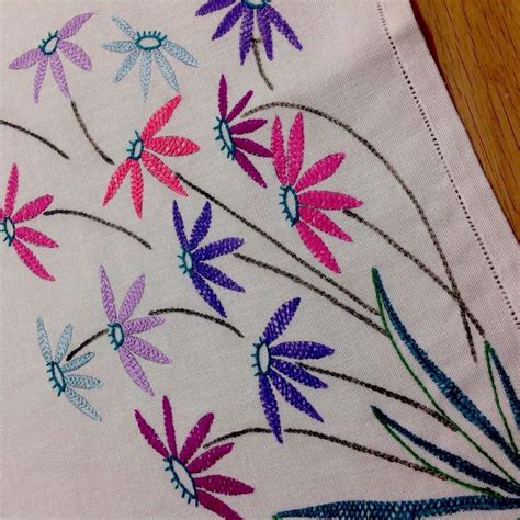 Unusual Vintage Hand Embroidered Natural Linen Tablecloth Four