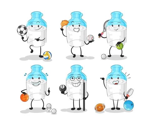 Flasche Milch Sport Set Charakter Cartoon Maskottchen Vektor Premium