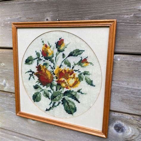 Vintage Embroidery Roses In Frame With Etsy