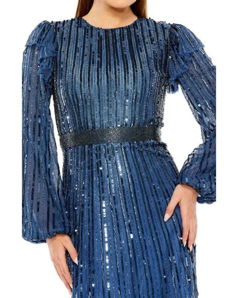 Mac Duggal Sequin Stripe Long Sleeve Midi Cocktail Dress In Blue Lyst