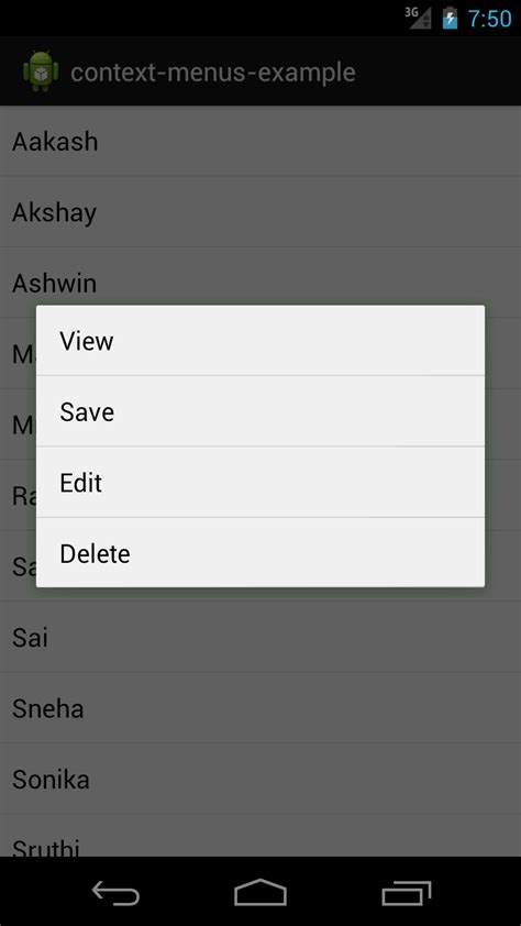 Android Practices Context Menus Example In Android