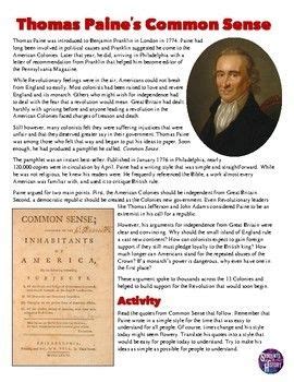 Common Sense Thomas Paine Worksheet