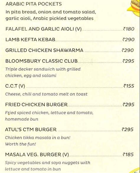 Menu At Bloomsburys Kochi