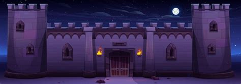 Free Vector | Wall of medieval stone castle at night