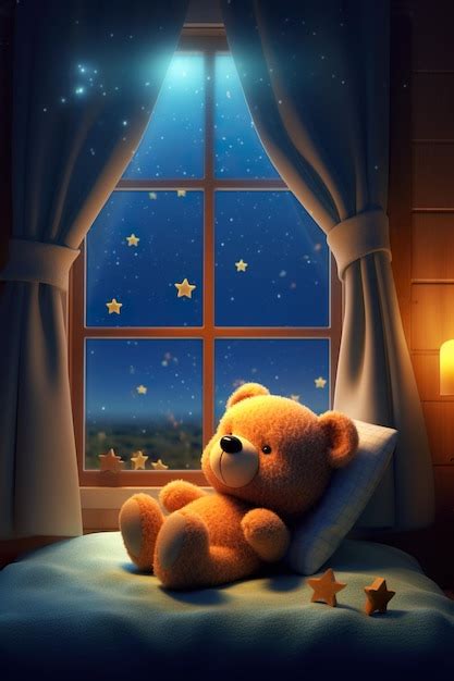 Premium Photo A Teddy Bear Sitting On A Bed In Front Of A Window