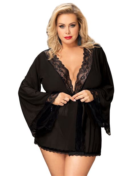 Ohyeahlady Plus Size Lingerie Robe For Women Sexy Black Sheer Kimono