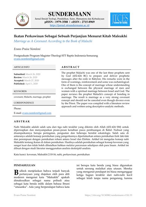 Pdf Ikatan Perkawinan Sebagai Sebuah Perjanjian Menurut Kitab Maleakhi