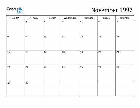 November 1992 Monthly Calendar Pdf Word Excel