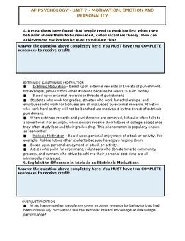 Ap Psychology Unit Motivation Emotion And Personality Notes Packet