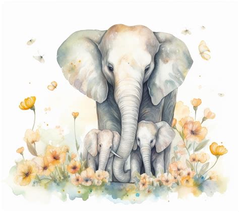 A Watercolor Painting Of A Mother Elephant With Her Two Baby Elephants