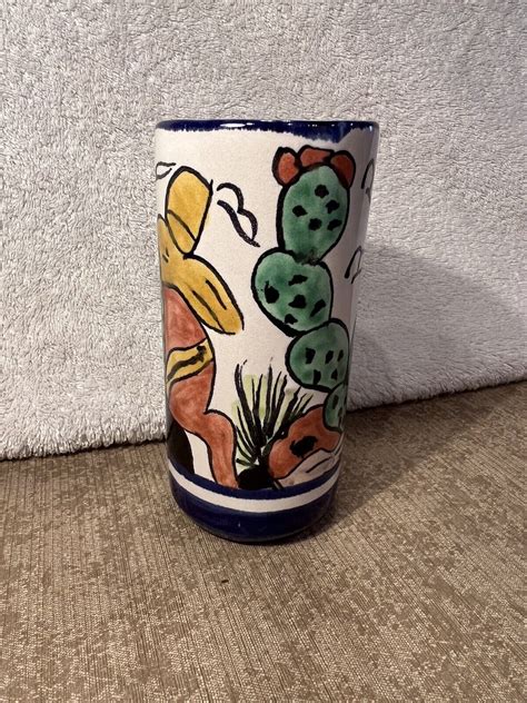 Vintage Signed Mexican Pottery Drinking Mug Vase Pen Holder Cactus