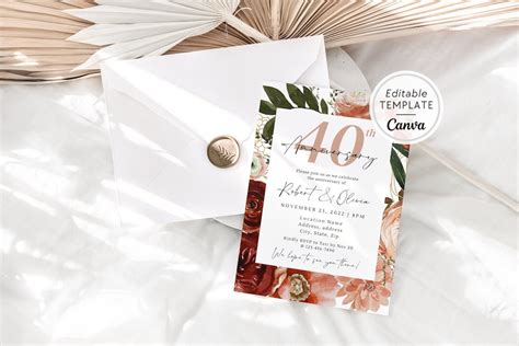 40th Anniversary Invitation Template, Printable Floral Anniversary ...