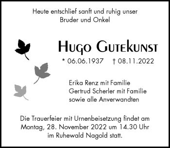 Traueranzeigen Von Hugo Gutekunst Schwarzw Lder Bote Trauer