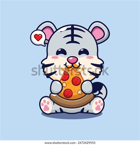 Cute White Tiger Eating Pizza Cartoon Stock Vector (Royalty Free ...