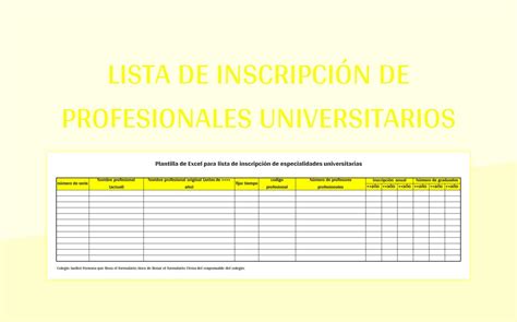 Plantilla de Formato Excel Lista De Inscripción De Profesionales