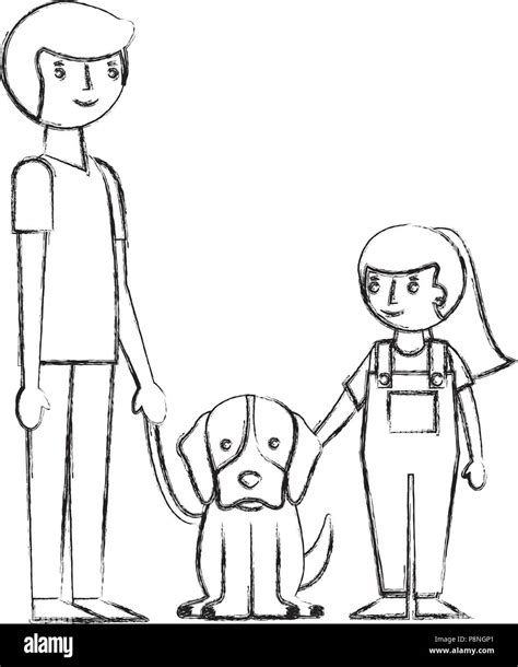 dad and daughter with her dog pet vector illustration sketch Stock ...