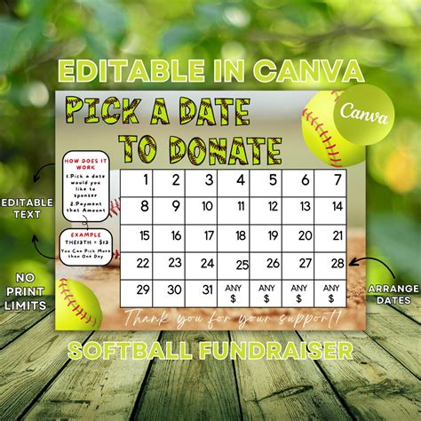 Editable Softball Fundraiser Calendar Calendar Fundraiser Pick A Date