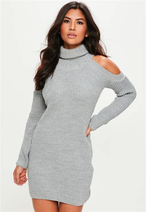 Missguided Grey Cold Shoulder Knitted Jumper Dress Puntos