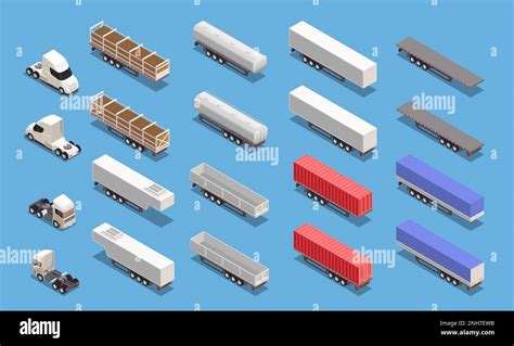 Isometric Icons Set With Colorful Cargo Trailers And Trucks Isolated On