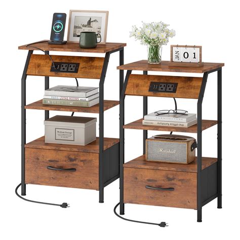 Jaxpety Nightstand Set Of With Charging Station Drawer Storage Shelf