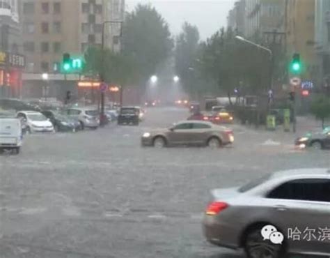 暴雨冰雹突袭哈尔滨 街道成“冰河”